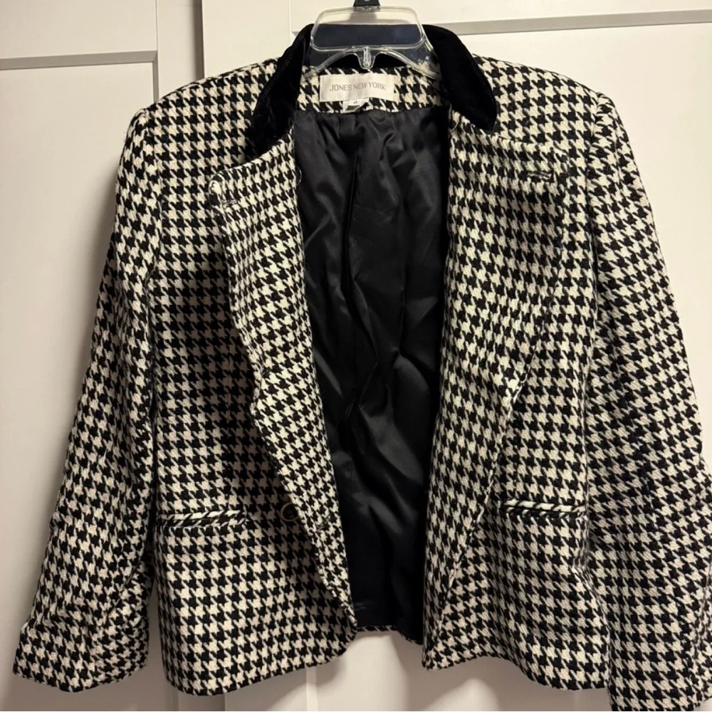 Vintage Wool & Velvet black & white houndstooth blazer sz 8 Preppy Old Money - Picture 3 of 6